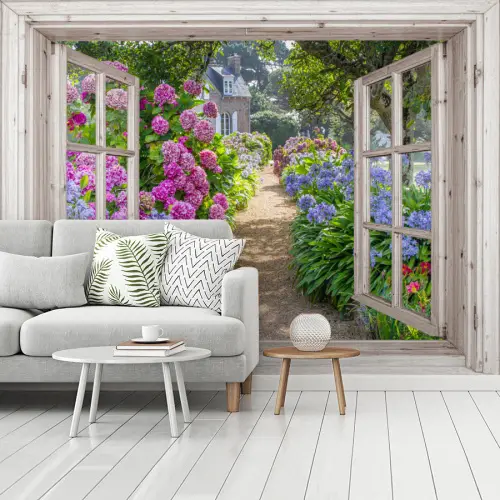 Hortensia - Doorkijk - Bloemen - Zomer - Paars - Pad fotobehang vinyl groot -woonkamer