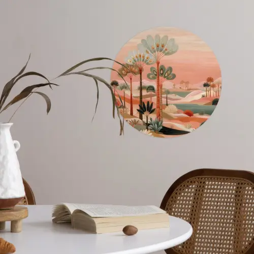 Roze landschap - Palmen - Water Wandcirkel behangsticker klein -sfeer3