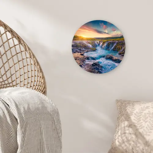 Waterval - Planten - Mos - Landschap - Zonsondergang - Rots Wandcirkel kunststof plaat 5mm dik klein -sfeer5