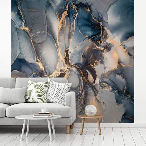 Marmer - Grijs - Blauw - Luxe - Goud fotobehang vinyl groot -woonkamer