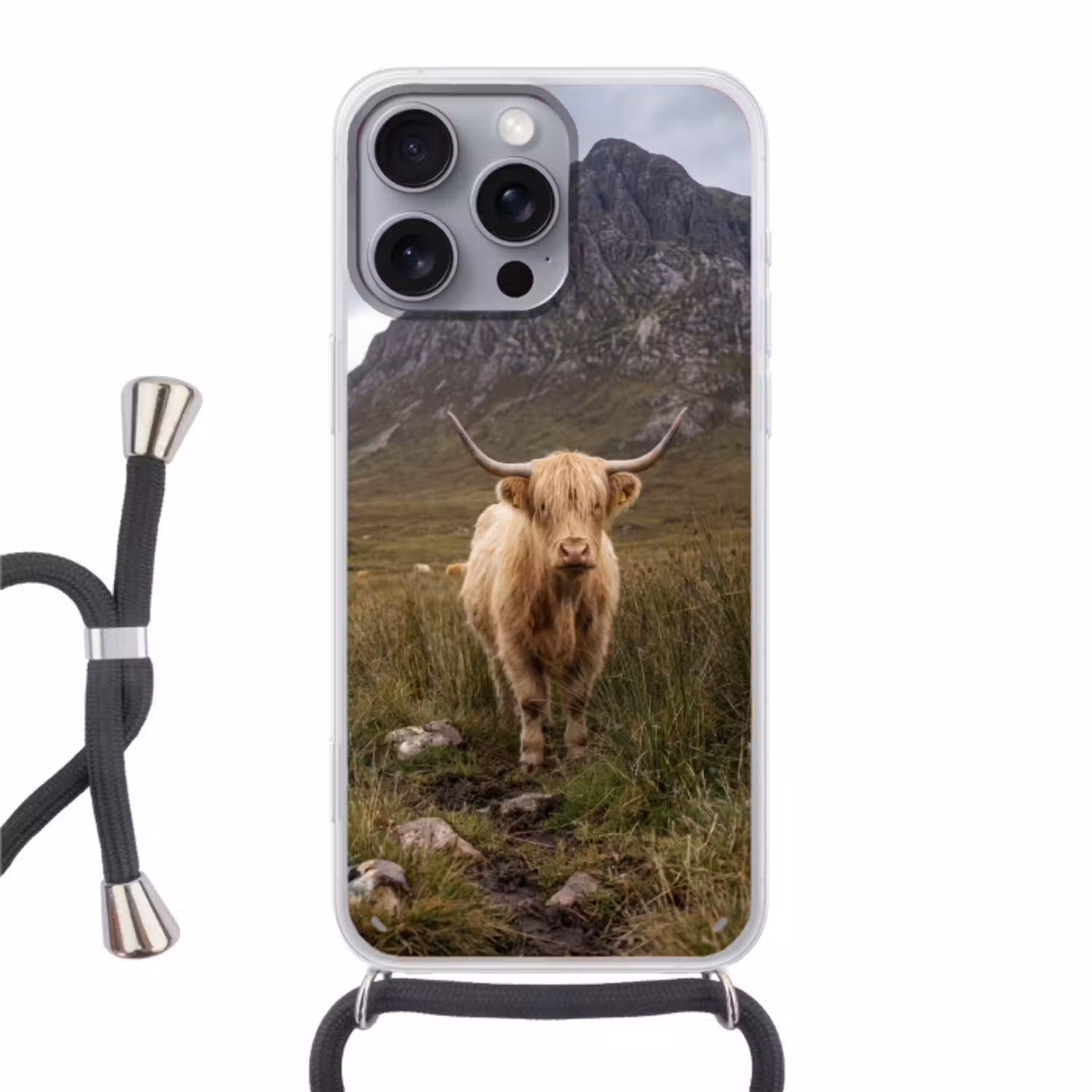 Schotse hooglander - Bergen - Grasveld Hoesje iPhone 16 Pro Max met koord klein -3d