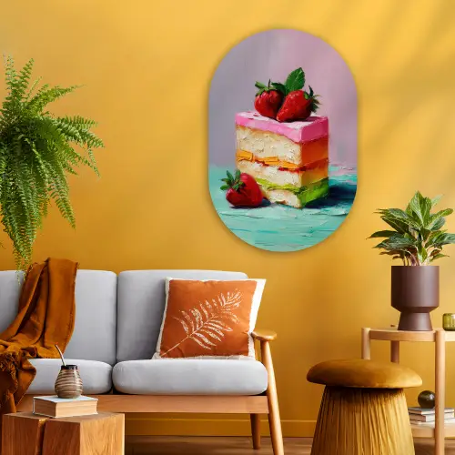 Taartje - Aardbeien - Glazuur - Kleurrijk Wandcirkel Ovaal Glas middel -sfeer4