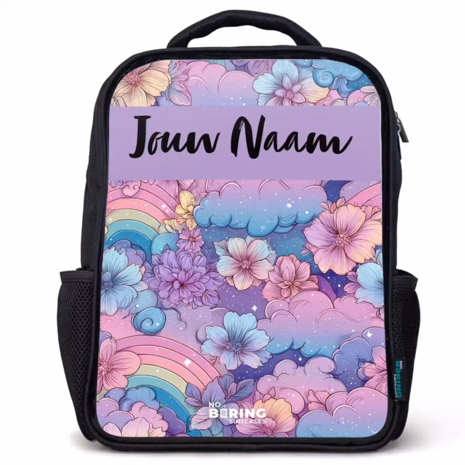 Kinderrugzak met naam - Zwart - Regenbogen - Bloemen - Kleurrijk