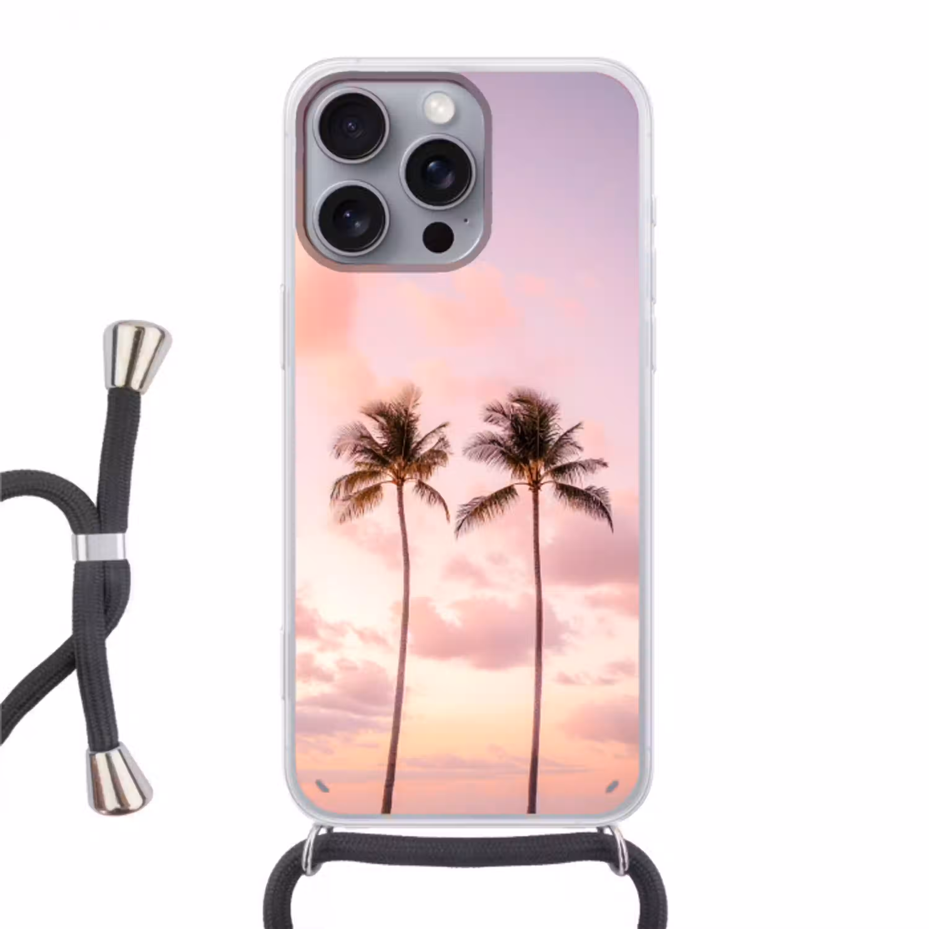 Palmbomen - Paars - Wolken - Lucht Hoesje iPhone 16 Pro Max met koord klein -3d