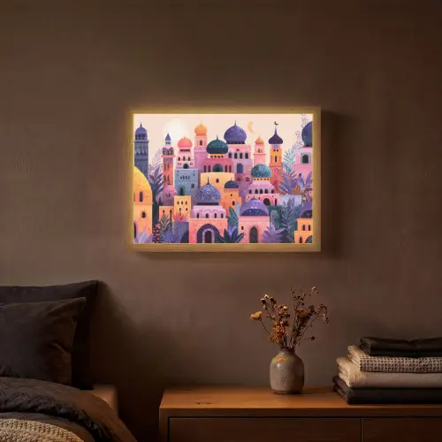 Kleurrijke stad - Zon - Islamitisch Light Box met batterij (Wandlamp) middel -sfeer4