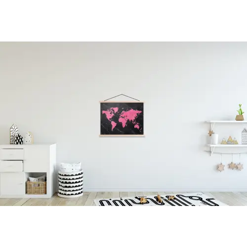 Wereldkaart - Roze - Marmer textielposter latten blank klein -kinderkamer