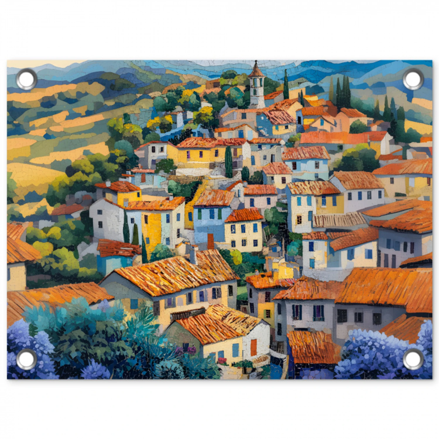 Dorp - Heuvels - Landschap - Bomen tuinposter los doek klein -3d