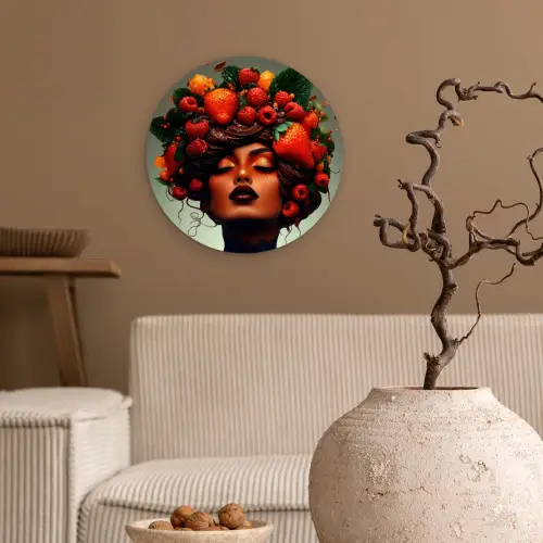 Vrouw - Chocolade - Frambozen - Aardbeien - Koekjes Wandcirkel kunststof plaat 5mm dik klein -sfeer1