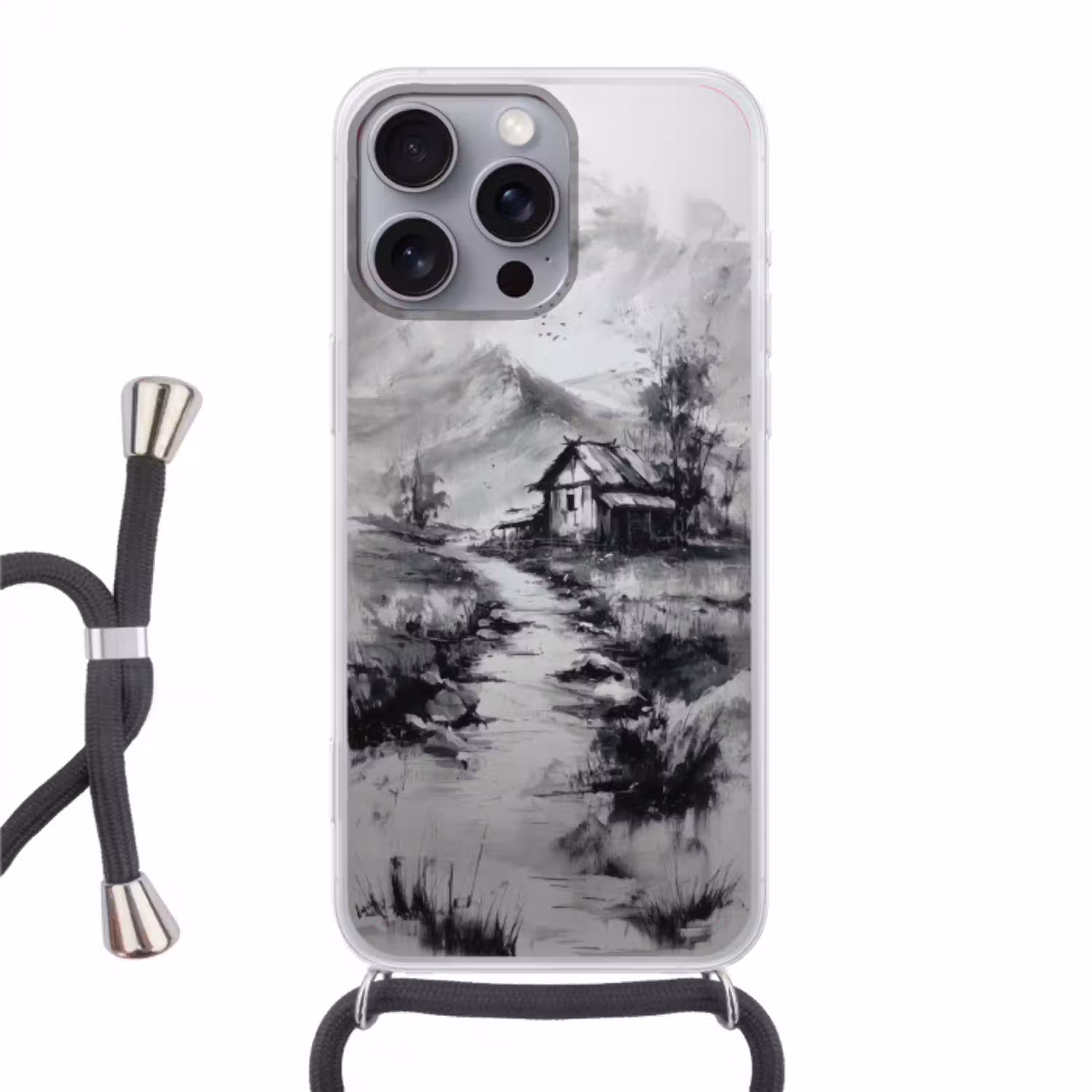 Hut - Grijs - Bergen - Mistig Hoesje iPhone 16 Pro Max met koord klein -3d