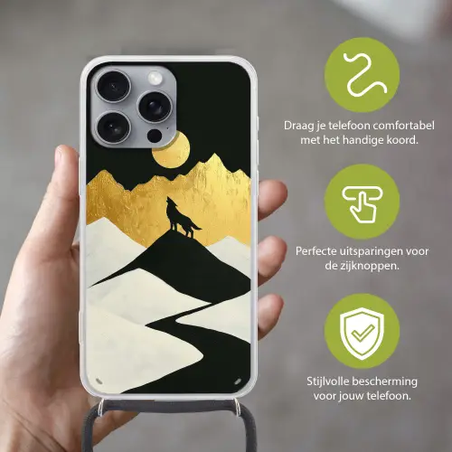Wolf - Bergen - Maan - Zwart Hoesje iPhone 16 Pro Max met koord klein -sfeer2_NL