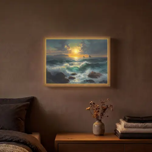 Zee - Zon - Golven - Rotsen Light Box met batterij (Wandlamp) middel -sfeer4