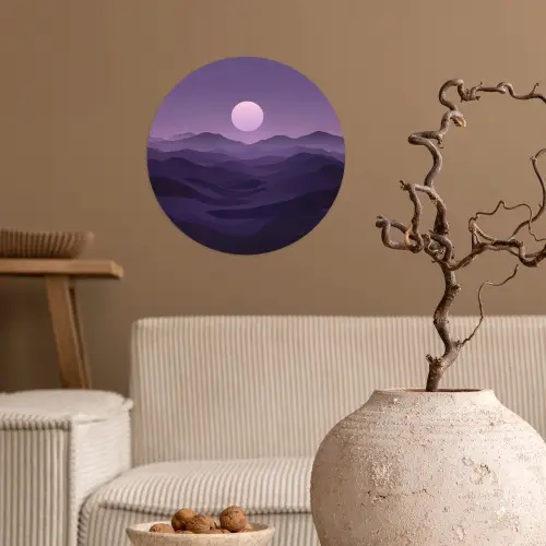 Heuvels - Paars - Mist - Zon Wandcirkel behangsticker klein -sfeer1