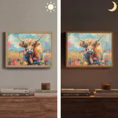 Schotse hooglander - Natuur - Kleurrijk - Bloemen Light Box met batterij (Wandlamp) middel -sfeer3
