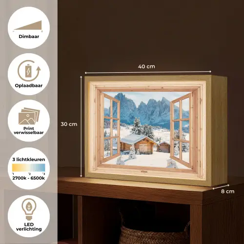 Doorkijk - Winterlandschap - Huisje - Bergen - Uitzicht Light Box met batterij (Wandlamp) middel -USP_websiteoverzichtNL