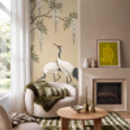 Kraanvogels - Water - Beige Behang Vlies klein -sfeer2
