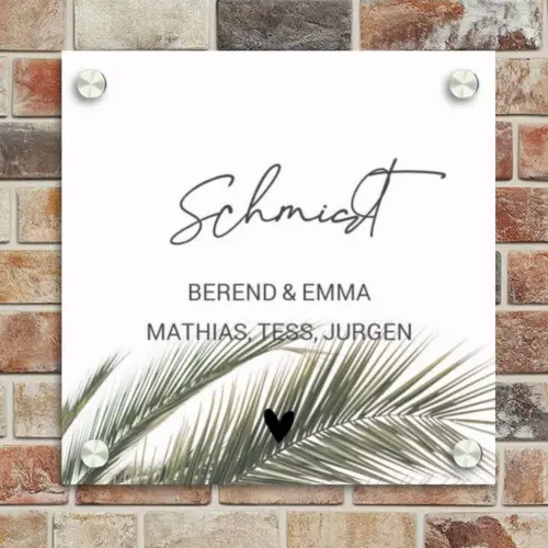 Wit met palmblad - Sierlijk Naambord Vierkant klein -sfeer2
