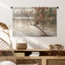 Winterkoninkje - Tak - Rivier - Natuur - Sfeervol Wandkleed katoen middel -sfeer5