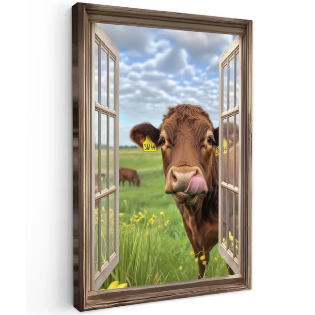 Doorkijk - Koe - Weiland - Landschap - Dieren Tuinposter op houten frame 2 cm dik klein -3d