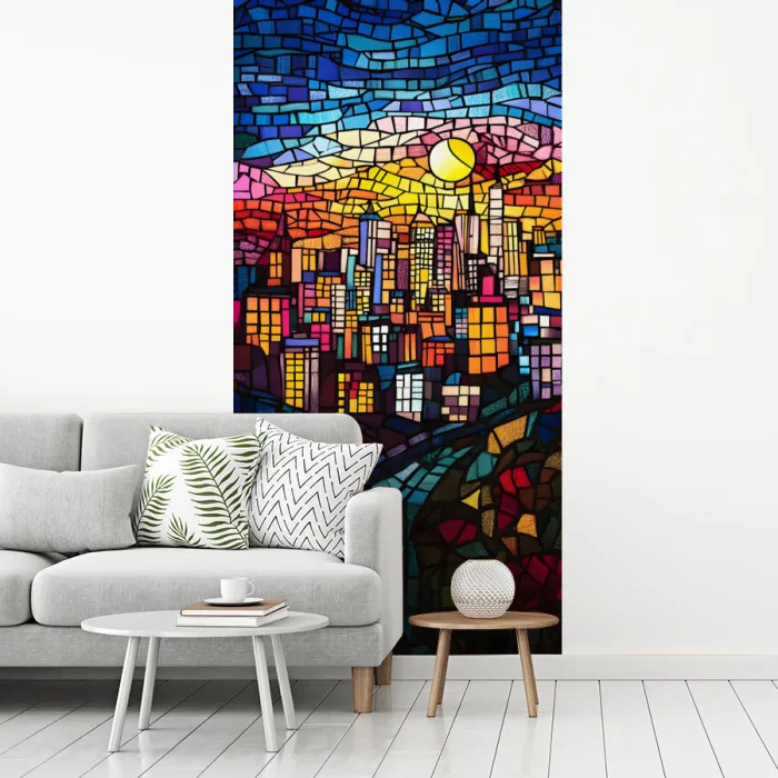 Stad - Maan - Mozaïek - Kleurrijk fotobehang vinyl groot -woonkamer