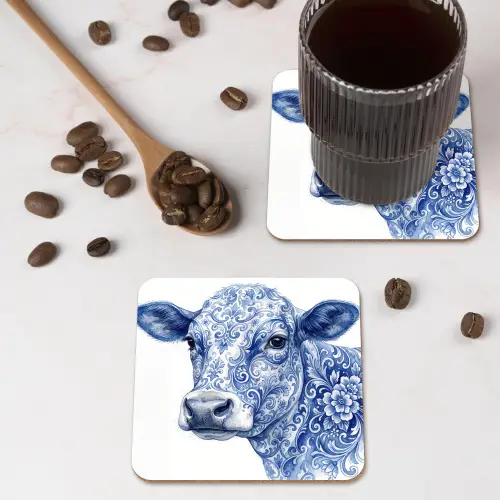 Illustratie - Koe - Blauw onderzetter kurk middel -sfeer2