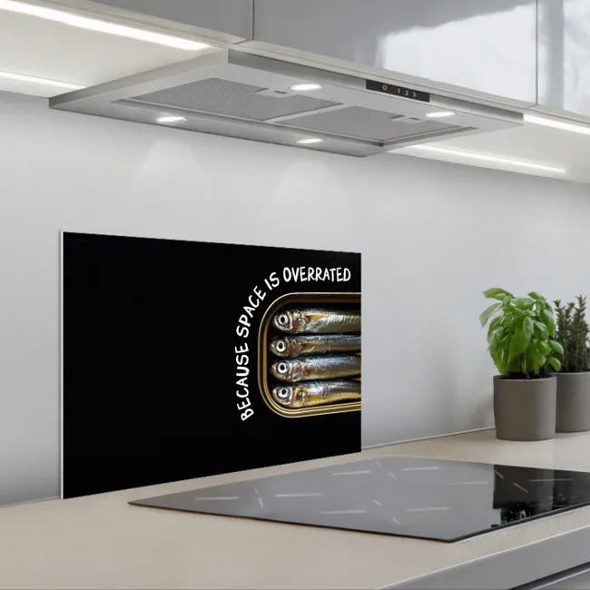 Sardines - Tekst - Vis - Blik keuken achterwand spatscherm klein -3d_schuin