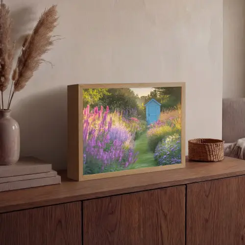 Tuinhuisje - Blauw - Bloemen Light Box met batterij (Wandlamp) middel -sfeer2