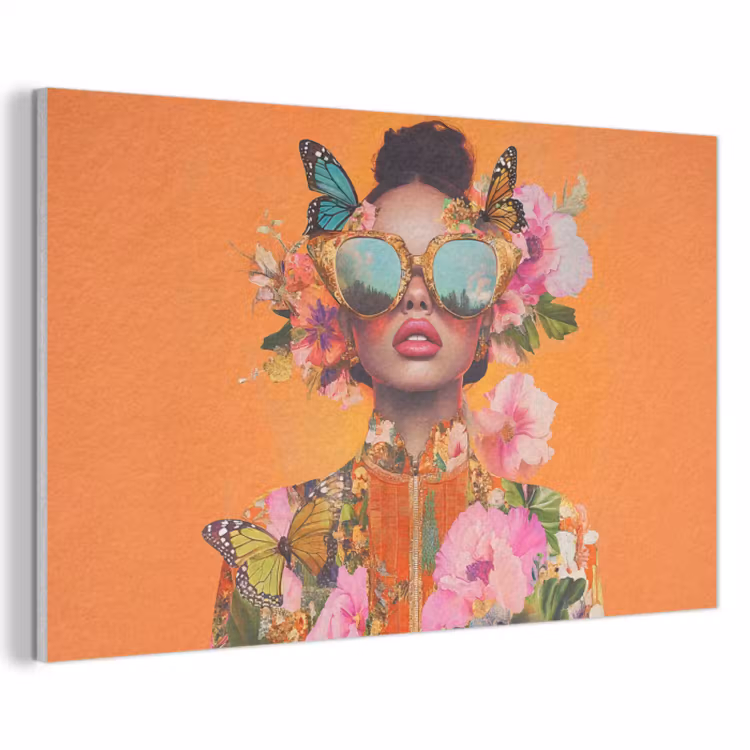 Akoestisch schilderij - Vlinders - Vrouw - Zonnebril - Kleurrijk