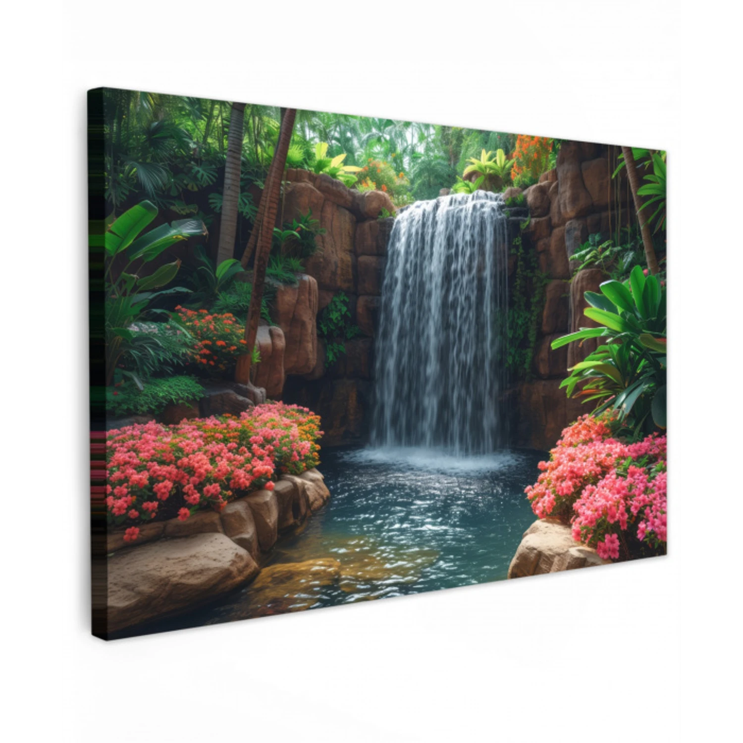 Waterval in Bloeiende Tropische Tuin Tuinposter op houten frame 2 cm dik klein -3d