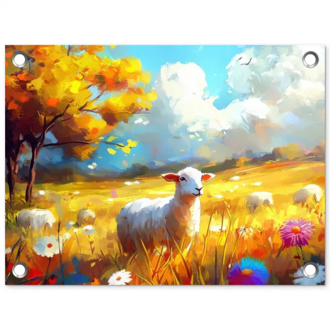 Schaap - Weide - Bloemen tuinposter los doek klein -3d