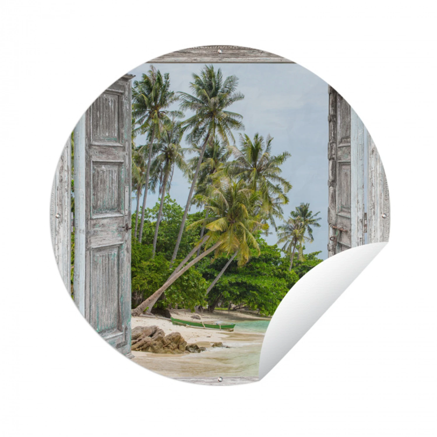 Tropisch - Palmboom - Doorkijk - Zee Wandcirkel tuinposter met ringen klein -3d