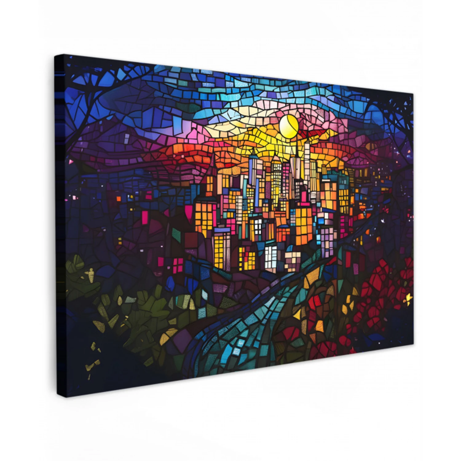 Stad - Maan - Mozaïek - Kleurrijk Tuinposter op houten frame 2 cm dik klein -3d