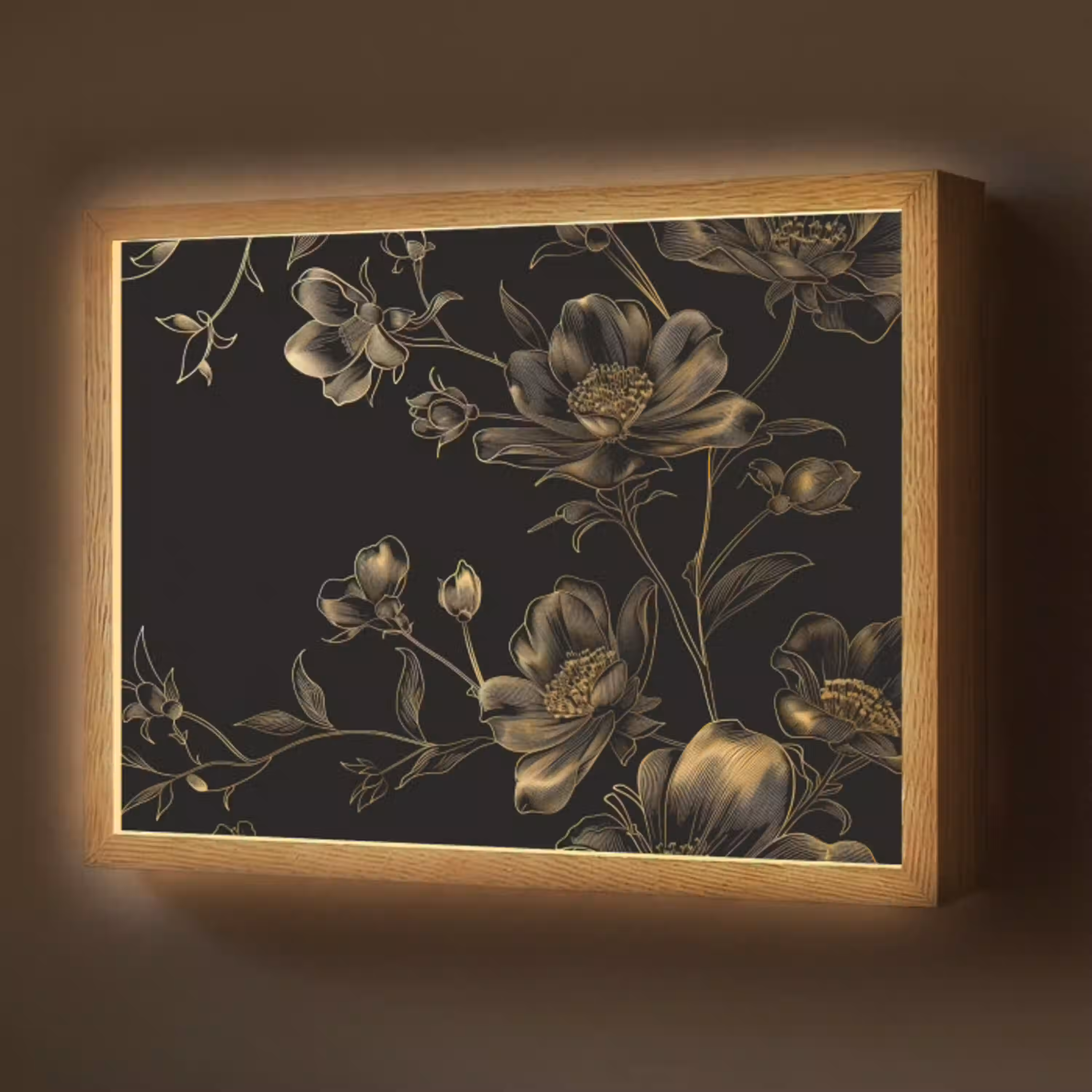 Bloemen - Zwart - Goud - Line art Light Box met batterij (Wandlamp) middel -z3d_website
