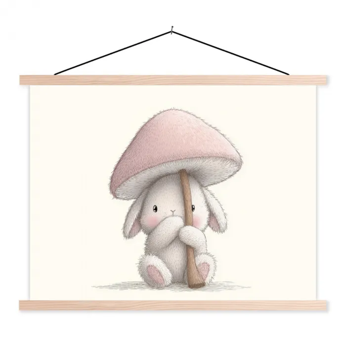 Paddenstoel - Konijn - Roze textielposter latten blank klein -3d