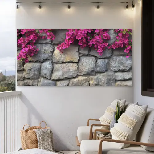 Bougainvillea - Stenen Muur - Roze Tuinposter op houten frame 2 cm dik xxl -sfeer1