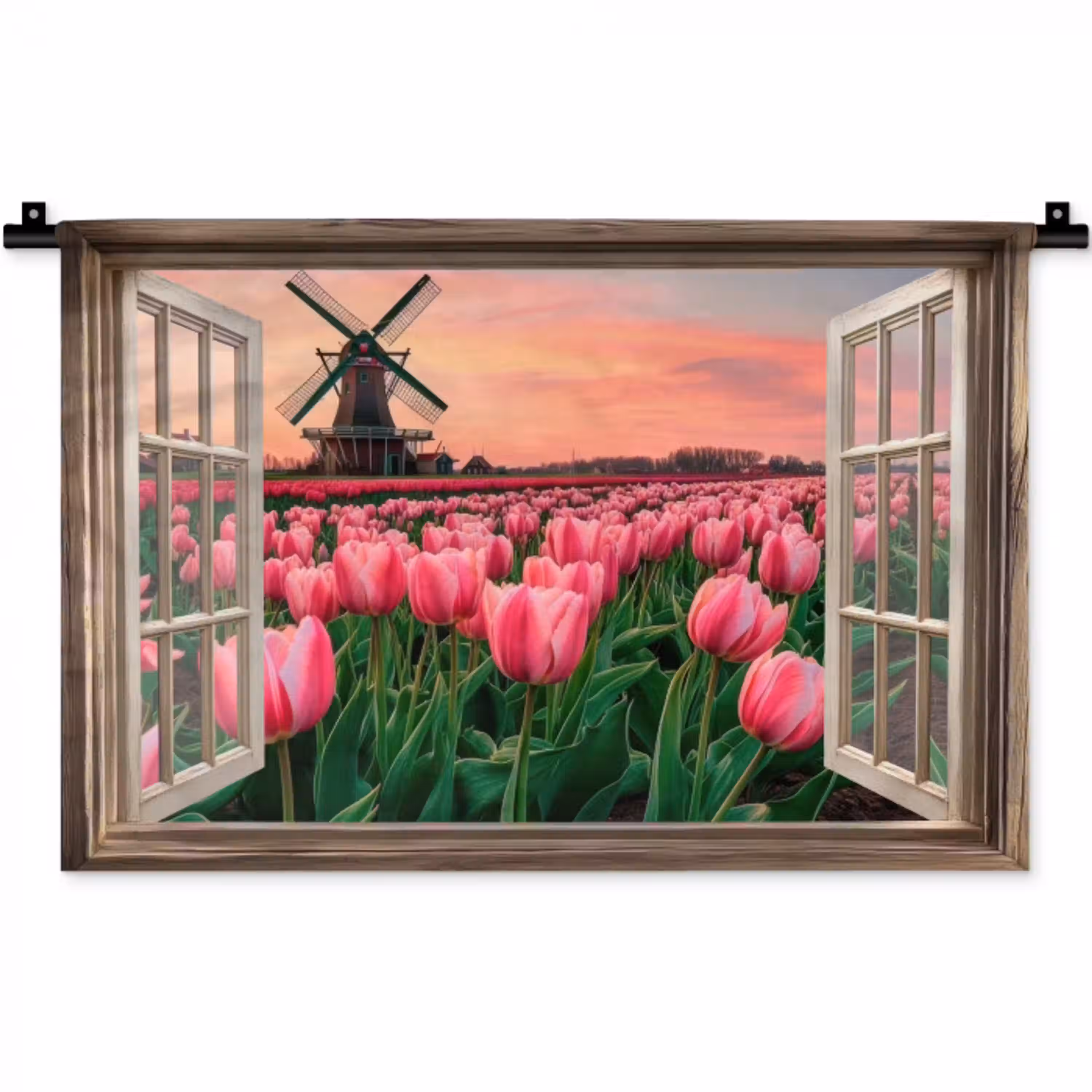 Doorkijk - Tulpen - Bloemen - Molen - Raam Wandkleed katoen klein -zz3d
