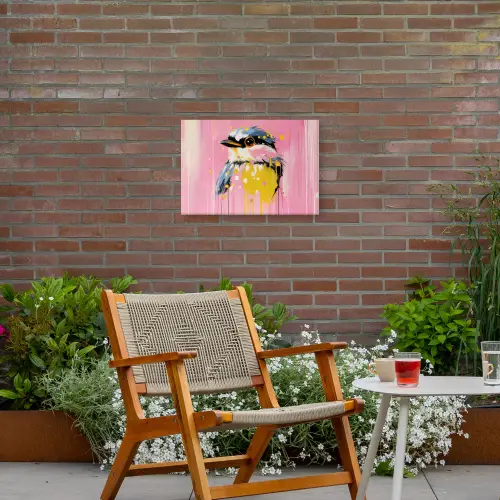 Vogel - Roze - Geel - Blauw Tuinposter op houten frame 2 cm dik klein -sfeer3