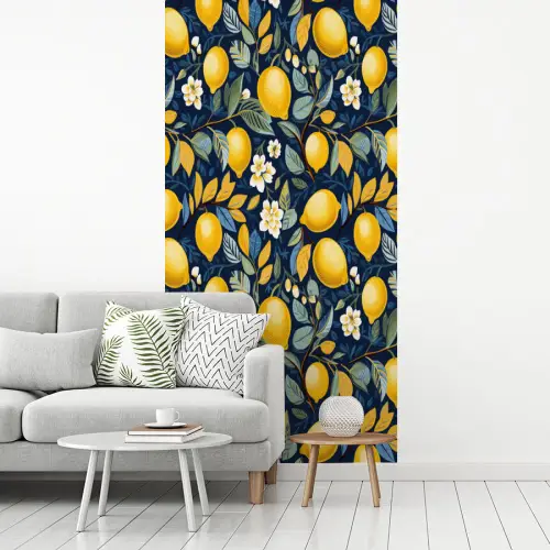 Citroenen - Bloemen - Bladeren - Blauw fotobehang vinyl groot 64 -woonkamer