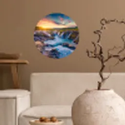 Waterval - Planten - Mos - Landschap - Zonsondergang - Rots Wandcirkel behangsticker klein -sfeer1