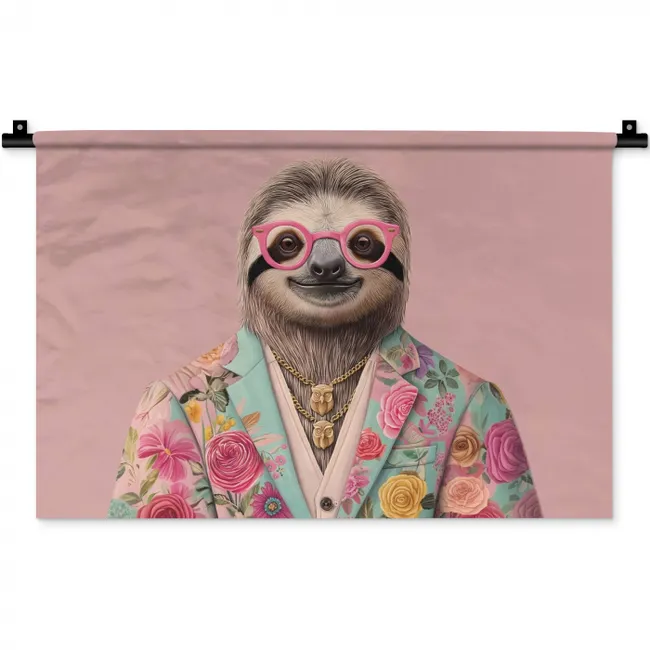 Wandkleed - Luiaard - Bloemenprint - Bril - Roze