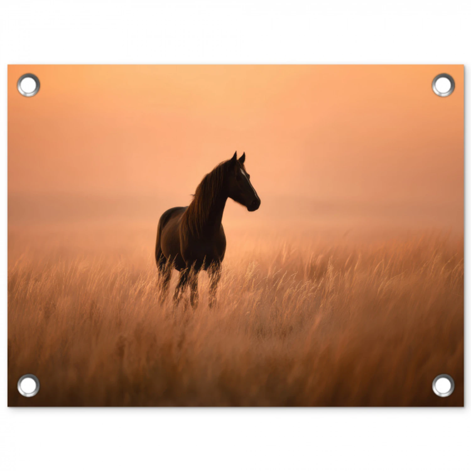 Paard - Grasveld - Zonsondergang tuinposter los doek klein -3d