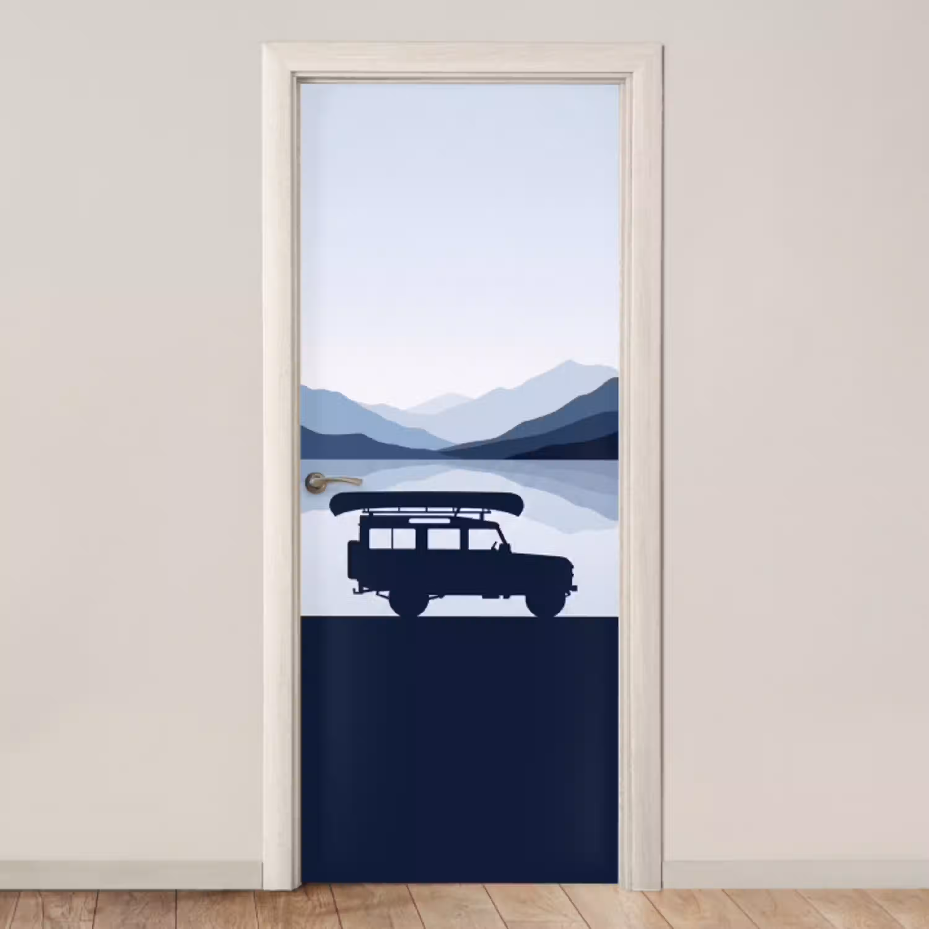 Auto - Meer - Bergen - Blauw deurposter klein -3d_beige
