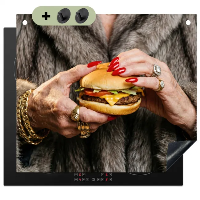 Inductiebeschermer & spatscherm (2in1) - Vrouw - Hamburger - Bontjas