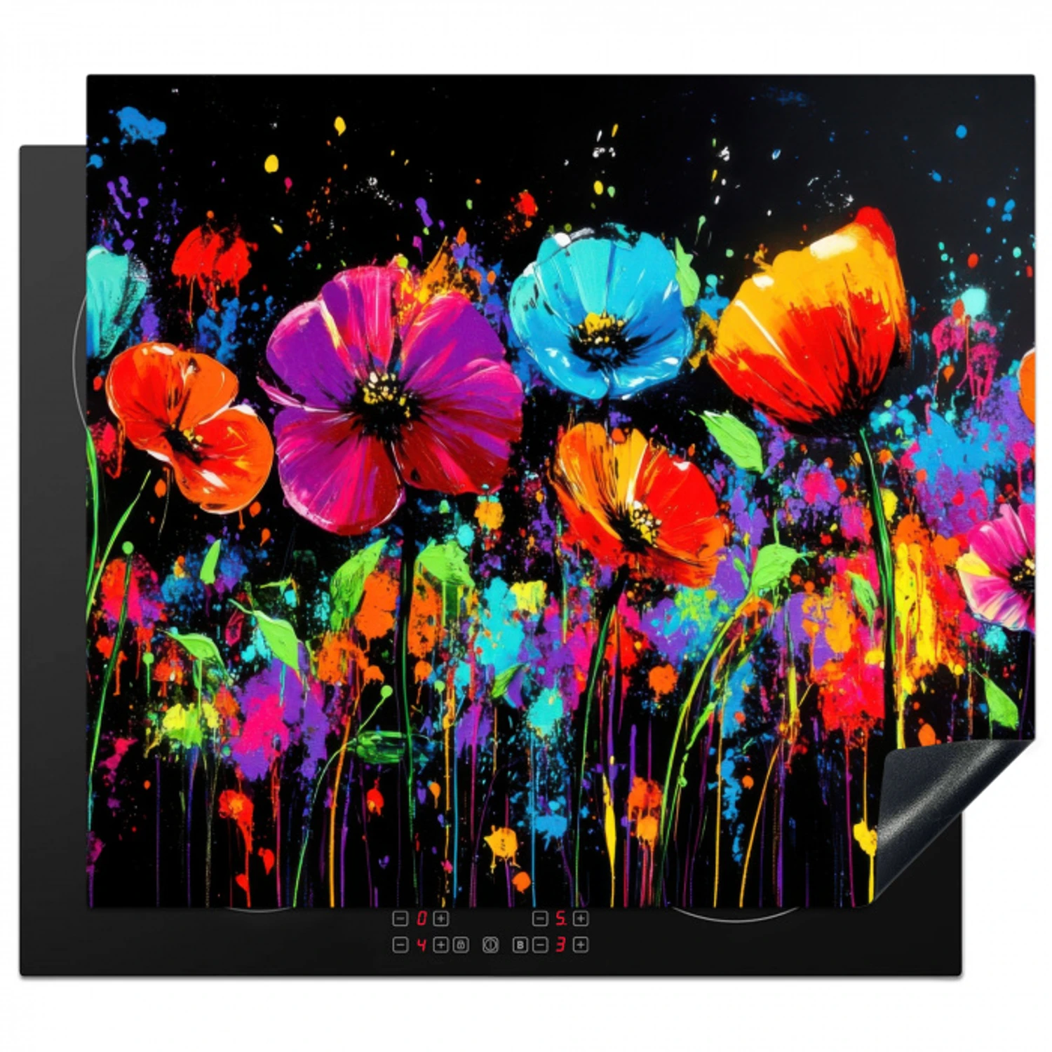 Bloemen - Kleurrijk - Spetters Inductie beschermer vinyl 3mm middel -3d