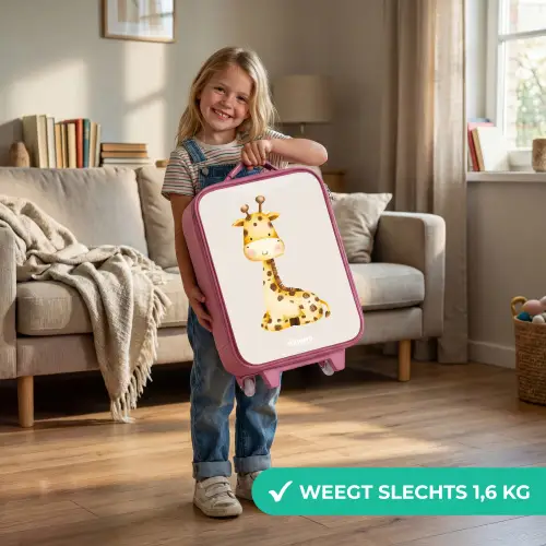 Liggende giraffe illustratie op beige achtergrond Kinderkoffer - Roze klein -sfeer2_NL