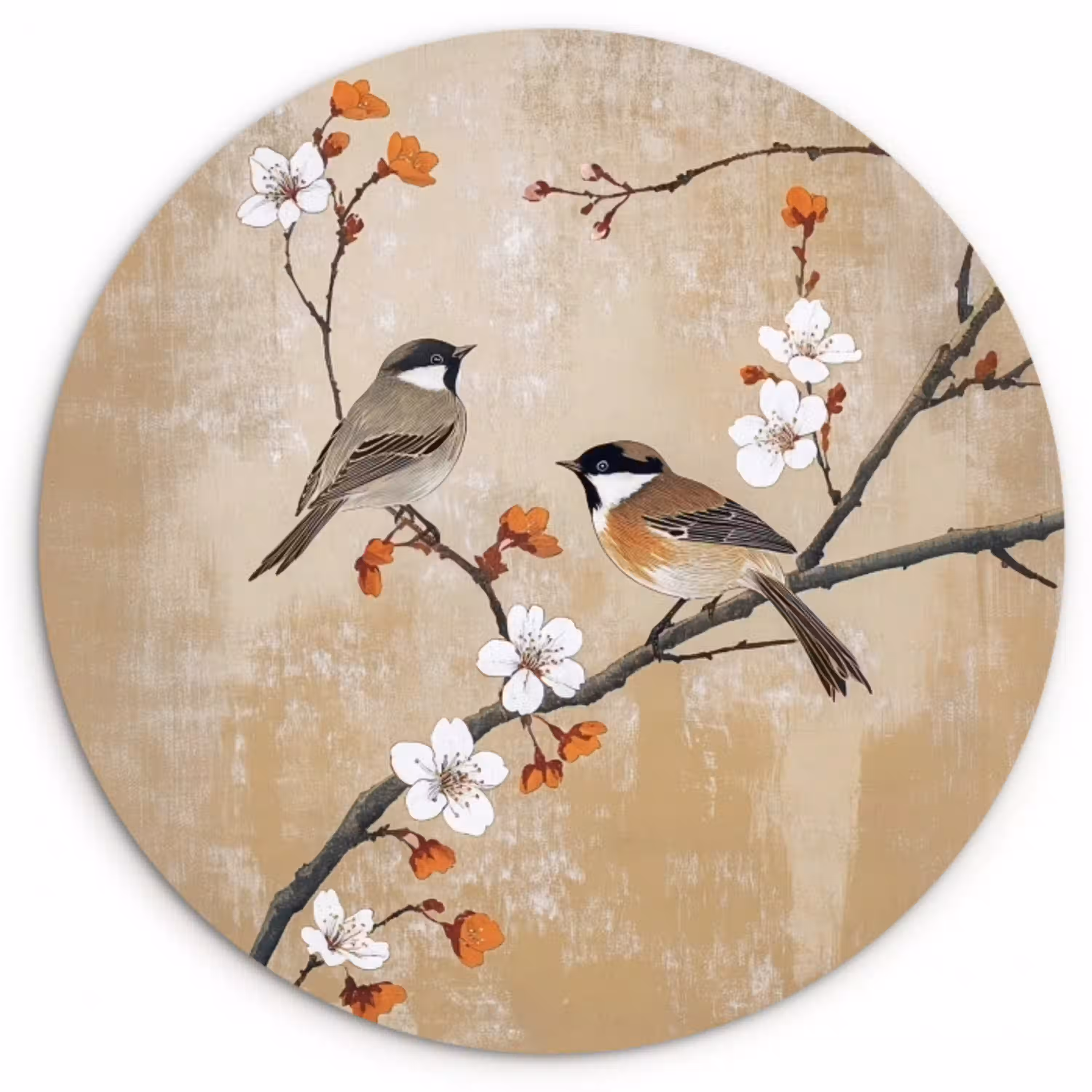 Vogels - Bloesemtak - Bloemen - Oranje Wandcirkel kunststof plaat 5mm dik klein -3d
