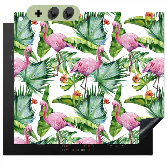 Inductie beschermer - Flamingo - Bladeren - Afdekplaat voor kookplaat - Tropisch Inductie beschemer met haakjes middel -3d