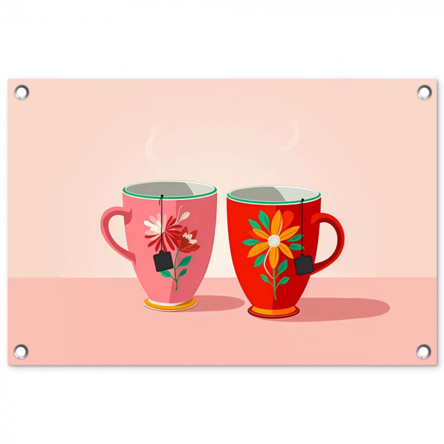 Theekopjes - Bloemmotieven - Roze - Theezakjes tuinposter los doek klein -3d