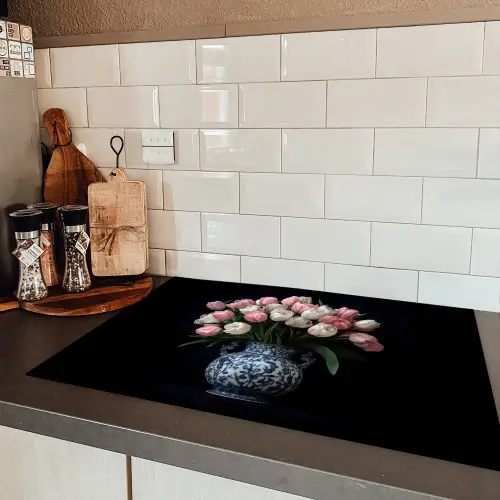 Bloemen - Roze - Tulpen - Vaas Inductie beschermer vinyl 3mm klein -sfeer3