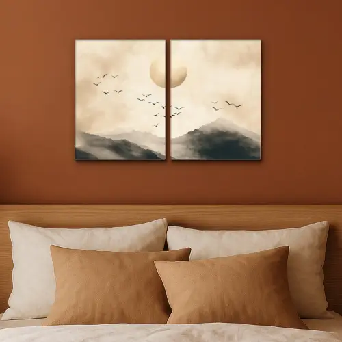 Landschap - Japandi - Beige - Vogels Canvas - Meerluiken 2 luik klein -sfeer2