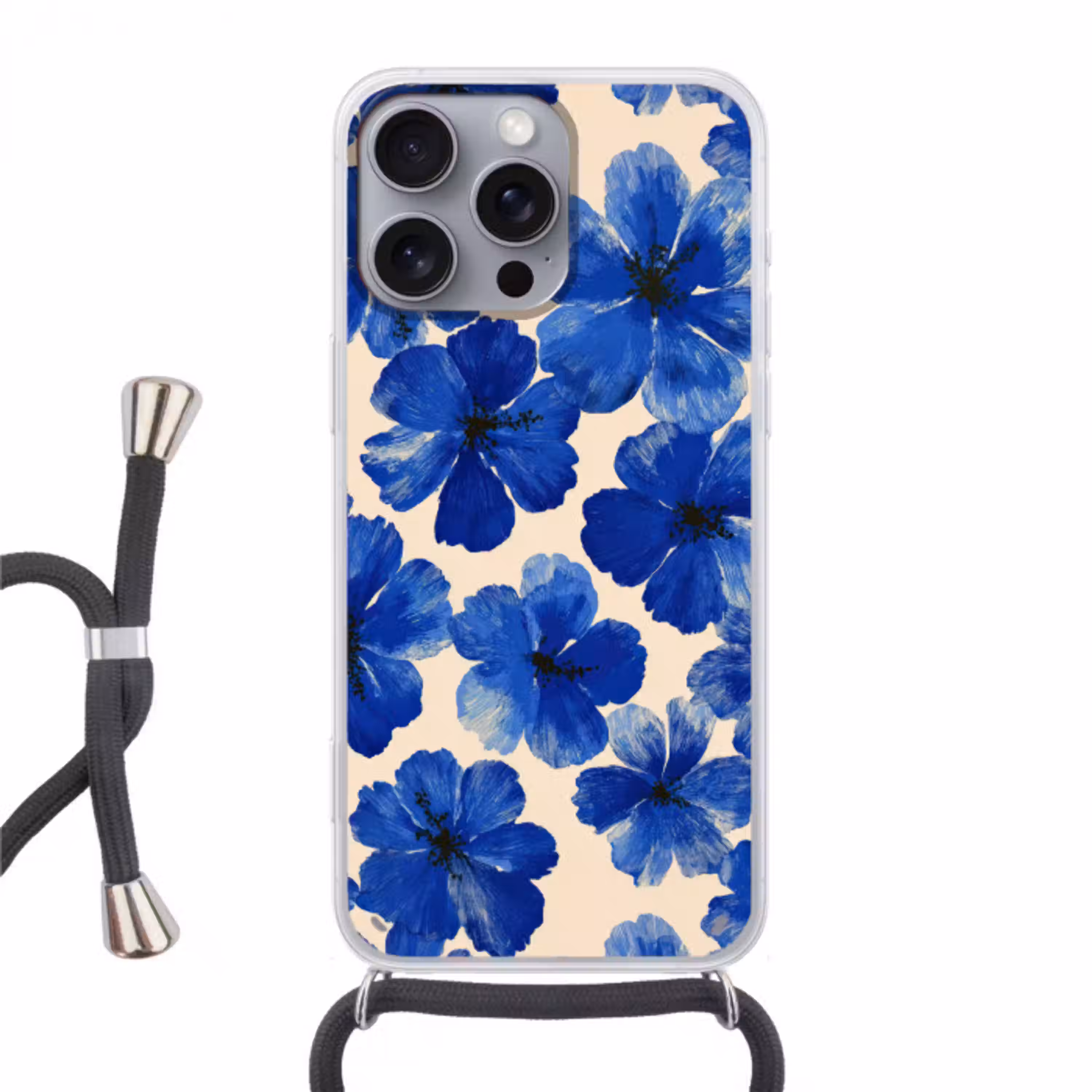 Bloemen - Blauw -Patroon - Wit Hoesje iPhone 16 Pro Max met koord klein -3d